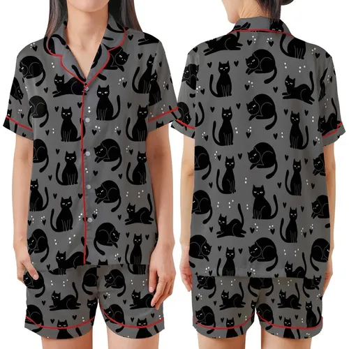 Cat Lovers' Whimsical Black Cat Silhouette Repeating Pattern Tiny Hearts White Dot Eyes Heather Dark Grey Satin Short-Sleeve Pajamas Set