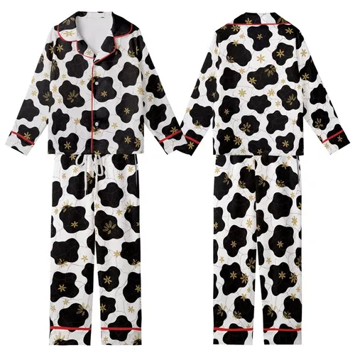 Modern Art Enthusiasts' Black White Abstract Cow Spot Golden Star Burgundy Line Pattern Kid Satin Pajamas Set