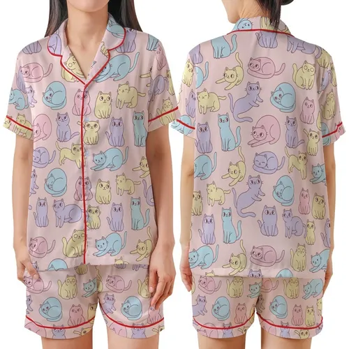 Cat Lovers' Whimsical Hand-Drawn Pastel Pink Blue Yellow Purple Cartoon Cat Repeating Pattern Satin Short-Sleeve Pajamas Set