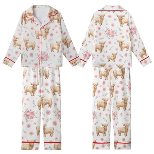 Women's Whimsical Watercolor Fluffy Highland Cow Calf Pink Rose Daisy Floral Pattern Kid Satin Pajamas Set