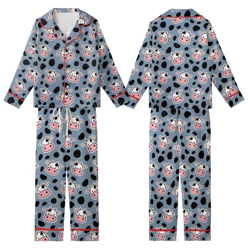 Farm Animal Fans' Illustrative Flat Cartoon Cow Faces Pink Snouts Muted Blue-Grey All-Over Black Spot Pattern Kid Satin Pajamas Set