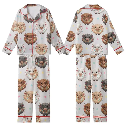 Whimsical Animal Lovers' Fluffy Highland Calves Multi-Color Christmas Lights Pastel Stars Pattern Kid Satin Pajamas Set