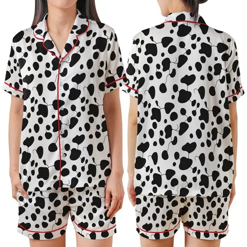 Modern Style Enthusiasts' Dynamic Black White Organic Interconnected Rounded Shapes Pattern Satin Short-Sleeve Pajamas Set