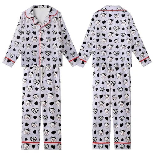 Cute Farm Animal Lovers' Soft Light Lavender Seamless Cartoon Cow Heads, Black Patches, Mixed Heart Spots Pattern Kid Satin Pajamas Set