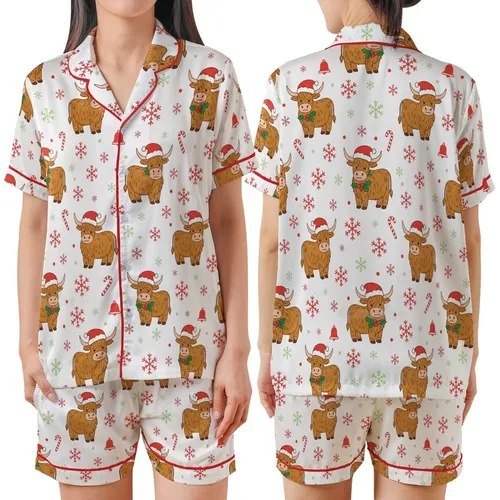 Holiday Animal Lovers' Whimsical Flat Art Highland Cow Christmas Pattern with Santa Hats, Holly Wreaths, Red & Green Snowflakes Satin Short-Sleeve Pajamas Set