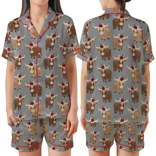 Highland Cow Lovers' Whimsical Shaggy Brown Cow Red Pink Floral Crown Heather Grey Print Satin Short-Sleeve Pajamas Set