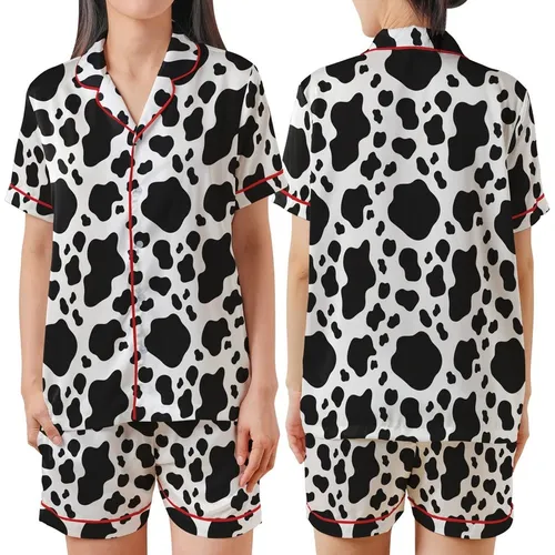 Fashion-Forward Individuals' Bold Black White Organic Irregular Cow Spot Seamless Pattern Satin Short-Sleeve Pajamas Set