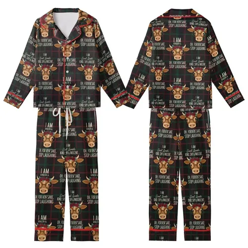 Animal Lovers' Whimsical Cow Heads with Glasses & Floral Crowns, Humorous Typography, Earthy Tones & Plaid Hint Kid Satin Pajamas Set
