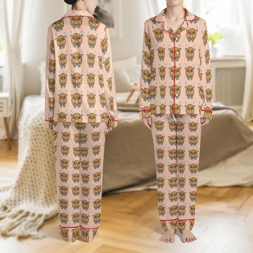 Highland Cow Lovers' Whimsical Brown Leopard Bow Peachy Pink Pattern Satin Pajamas Set