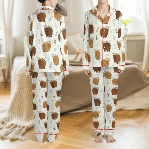Highland Cow Lovers' Whimsical Warm Brown Highland Cow Mother Calf Pink Rose Sage Botanical Pattern Satin Pajamas Set