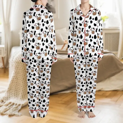 Cow Lovers' Cheerful Stylized Cartoon Cow Faces Seamless White Black Spot Pattern Brown Horns Pink Ears Satin Pajamas Set