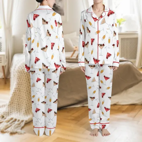 Cocktail & Dessert Lovers' Whimsical Martini Champagne Heart Cherry Golden Amber Flat Pattern Satin Pajamas Set