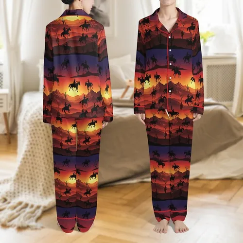 Western Enthusiasts' Wild West Sunset Yellow Orange Red Purple Sky Cowboy Horse Silhouette Pattern Satin Pajamas Set