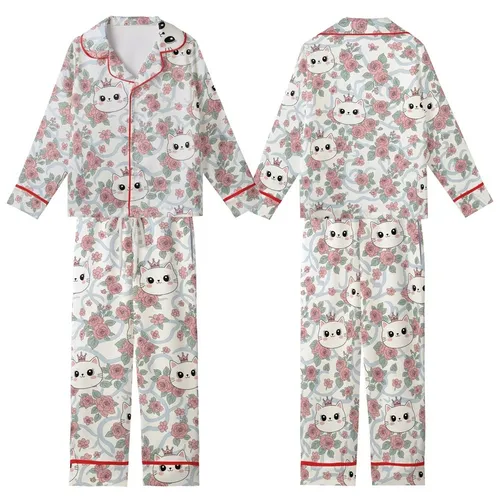 Cat Lovers' Whimsical Pink Crown Cartoon Cats, Soft Pink Rose Blossom, Sage Green, Pastel Blue Pattern Kid Satin Pajamas Set