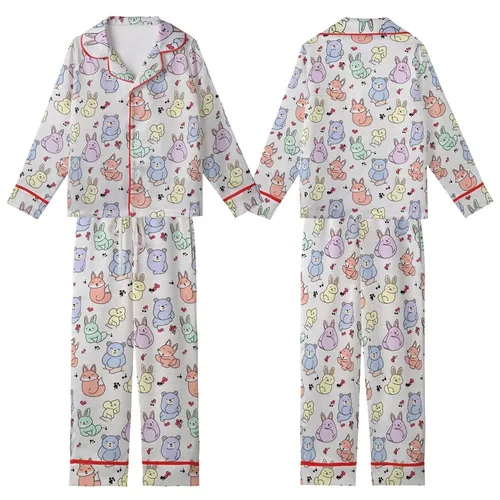 Animal Lovers' Cute Stylized Cartoon Forest Animals Seamless Pattern with Pastel Bears, Foxes, Rabbits on Heathered Light Grey Kid Satin Pajamas Set