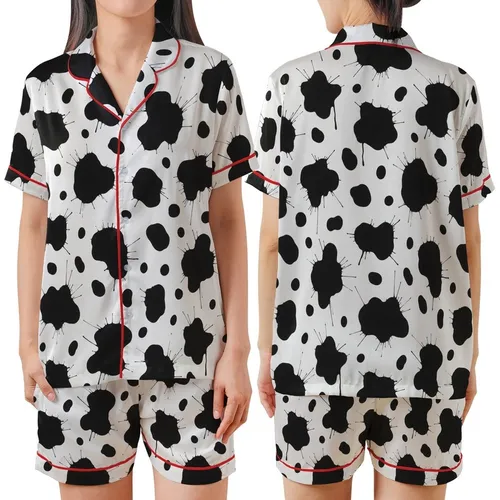 Art Lovers' High Contrast Black White Organic Fluid Ink Splatter Abstract Pattern Satin Short-Sleeve Pajamas Set
