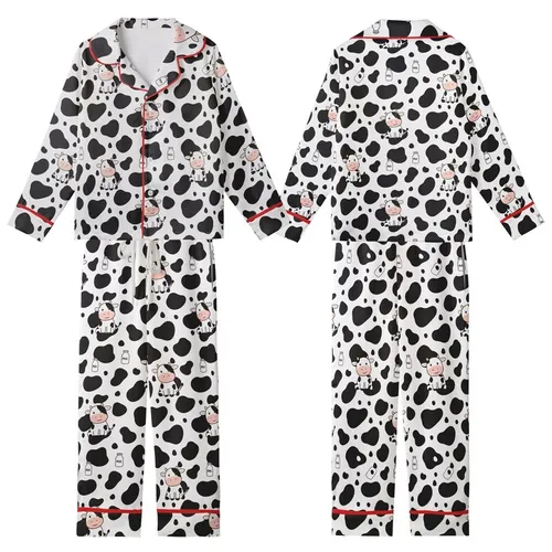 Cute Animal Lovers' Seamless Black Cow Spot All-Over Print with Adorable Pink-Eared Cartoon Cows & Milk Bottle Motif Kid Satin Pajamas Set