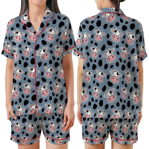 Farm Animal Fans' Illustrative Flat Cartoon Cow Faces Pink Snouts Muted Blue-Grey All-Over Black Spot Pattern Satin Short-Sleeve Pajamas Set