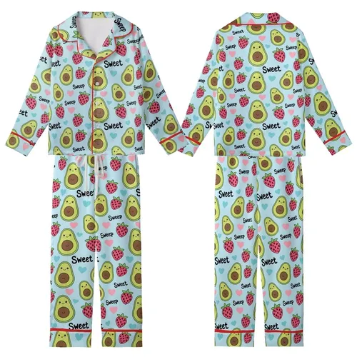 Whimsical Lovers' Cute Pastel Blue Avocado Strawberry Leopard Heart 'Sleep Sweet' Pattern Kid Satin Pajamas Set