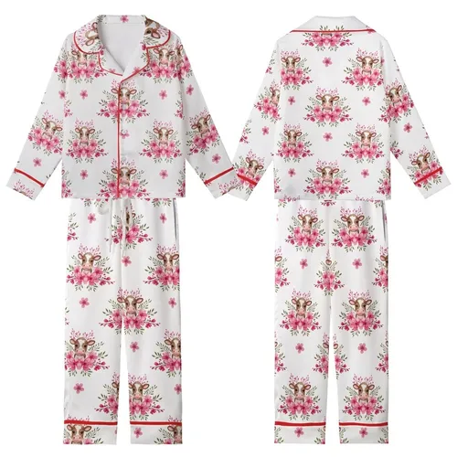Animal Lovers' Whimsical Watercolor Brown Spotted Calves Fuchsia Blush Cherry Blossom Seamless Pattern Kid Satin Pajamas Set