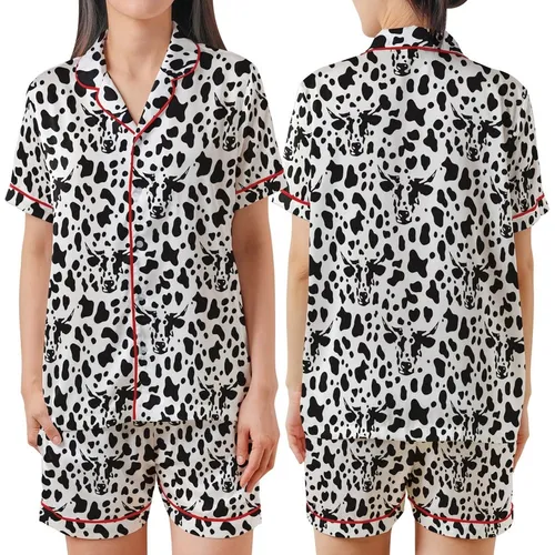 Farm Life Admirers' Black White Organic Splotch Abstract Cow Pattern Satin Short-Sleeve Pajamas Set