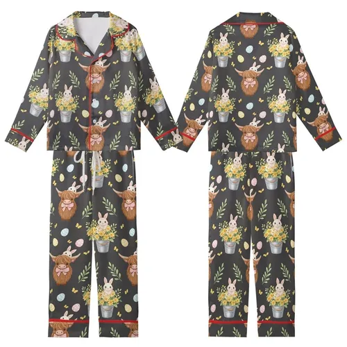 Whimsical Animal Lovers' Fluffy Brown Highland Cow Bunny Pink Bow Yellow Daisy Pastel Easter Egg Pattern on Dark Gray Kid Satin Pajamas Set