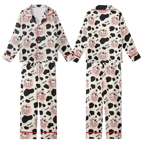 Cute Cartoon Style Fans' Cream Off-White Black Cow Print, Pink Cartoon Cow Faces & 'Sweet Milk' Pattern Kid Satin Pajamas Set