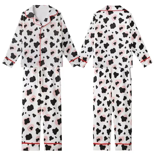 Modern Style Enthusiasts' Irregular Black Cow Spot White Pastel Pink Abstract Blob Pattern Kid Satin Pajamas Set