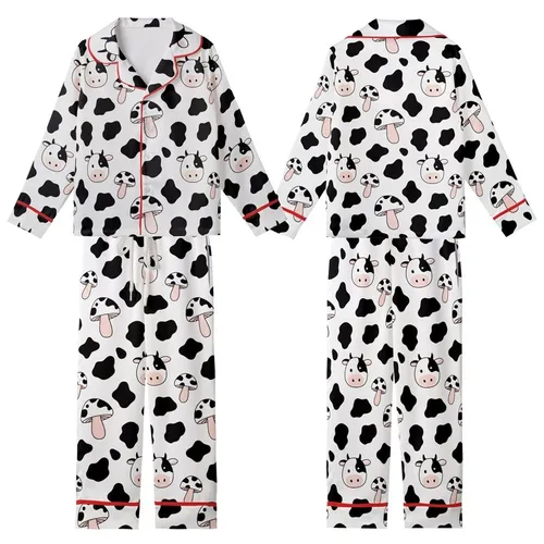 Whimsical Design Lovers' Seamless Black White Pink Hand-Drawn Cowhide Spot Cartoon Cow Mushroom Pattern Kid Satin Pajamas Set