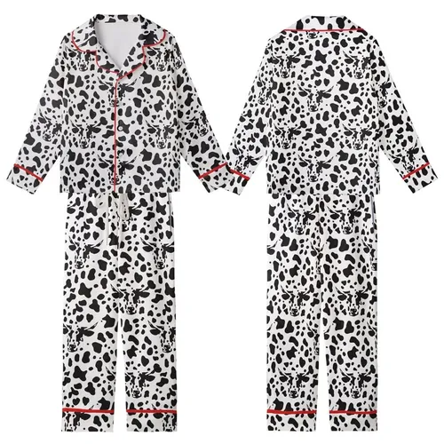 Farm Life Admirers' Black White Organic Splotch Abstract Cow Pattern Kid Satin Pajamas Set