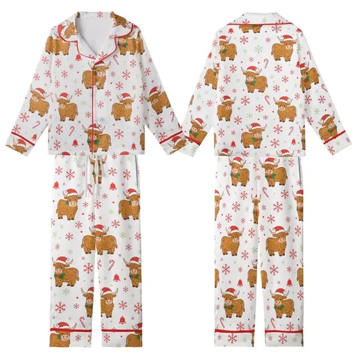 Holiday Animal Lovers' Whimsical Flat Art Highland Cow Christmas Pattern with Santa Hats, Holly Wreaths, Red & Green Snowflakes Kid Satin Pajamas Set