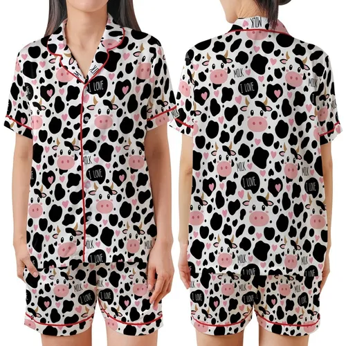 Cute Style Enthusiasts' White & Black Holstein Cow Print, Bubblegum Pink Hearts, Cartoon Cow Faces, I LOVE MILK Text Satin Short-Sleeve Pajamas Set