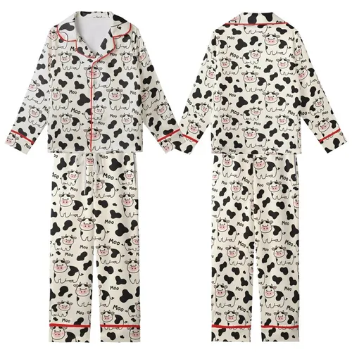 Cute Animal Lovers' Whimsical Off-White Hand-Drawn Cartoon Cow & Moo Pattern with Black Spots & Pink Accents Kid Satin Pajamas Set