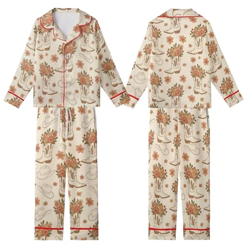 Boho Western Lovers' Retro Illustrated Cowboy Boots Wildflowers Peach Coral Olive Green Pattern Kid Satin Pajamas Set