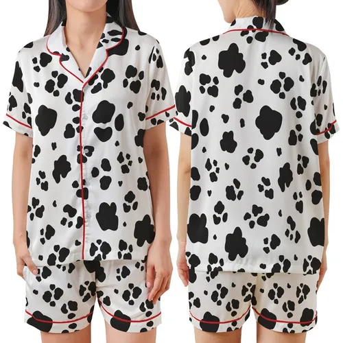 Contemporary Fashion Lovers' Playful Black White Irregular Organic Spot Design Satin Short-Sleeve Pajamas Set