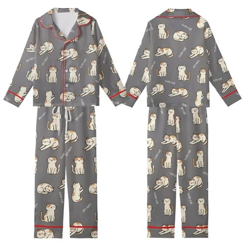 Whimsical Cat Enthusiasts' Playful Sitting Stretching Cartoon Cats & 'Cute Cat' Text Seamless Tan White Grey Pattern Kid Satin Pajamas Set