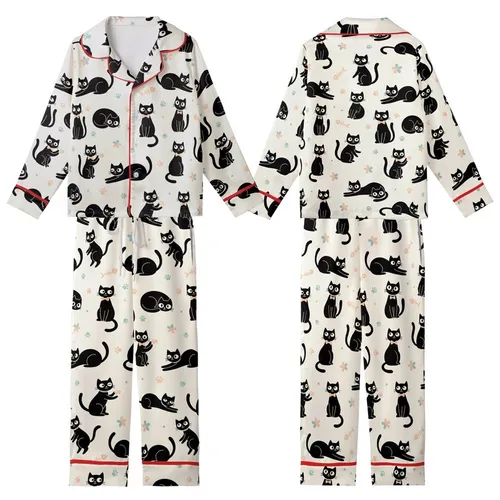 Cat Lovers' Whimsical Black Cats Flat Art Pattern, Peach Bows, Teal Collars, Blue Paws, Cream Kid Satin Pajamas Set