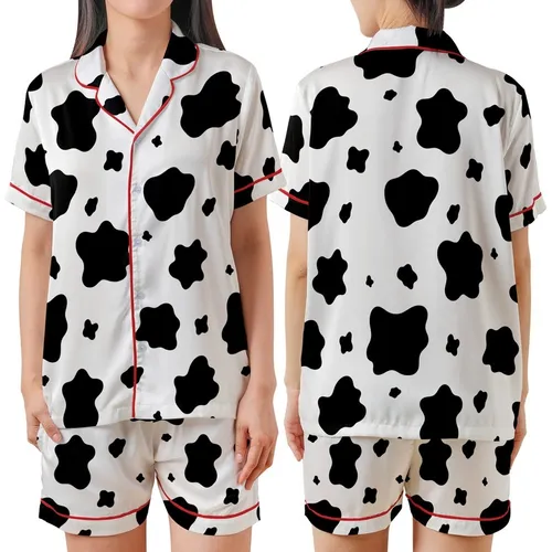 Modern Trendsetters' Bold High-Contrast Jet Black Organic Cowhide Spot Pattern Satin Short-Sleeve Pajamas Set
