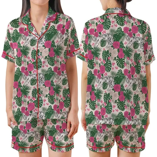 Women's Soft Pink Illustrative White Tiger Hot Pink Rose Deep Green Leaf Pattern Satin Short-Sleeve Pajamas Set