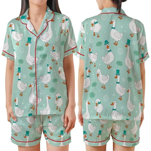 Whimsical Animal Lovers' Aqua Mint Green Geese Pattern with Teal Hats, Bow Ties, Orange Beaks Satin Short-Sleeve Pajamas Set