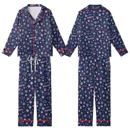Cat Lovers' Whimsical Navy Blue Cat Pattern with Pastel Paws, Meow Typography, and Playful Cat Faces Kid Satin Pajamas Set