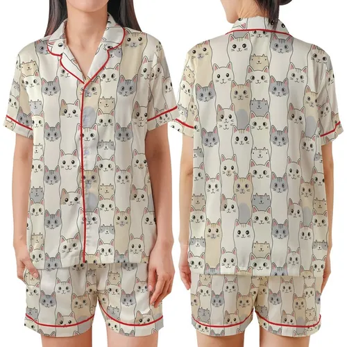 Cat Lovers' Playful Hand-Drawn Cartoon Cat Faces Seamless All-Over Pattern Off-White Gray Tan Pink Satin Short-Sleeve Pajamas Set