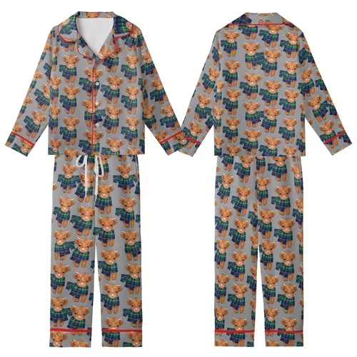 Cute Animal Lovers Adorable Fluffy Baby Highland Cow Vibrant Plaid Scarf Heather Grey Pattern Kid Satin Pajamas Set