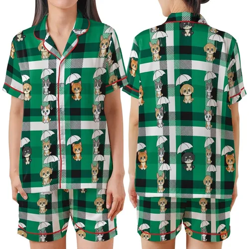 Cute Animal Lovers' Vibrant Green Black Plaid Chibi Cats Dogs Rabbits Umbrella Design Satin Short-Sleeve Pajamas Set