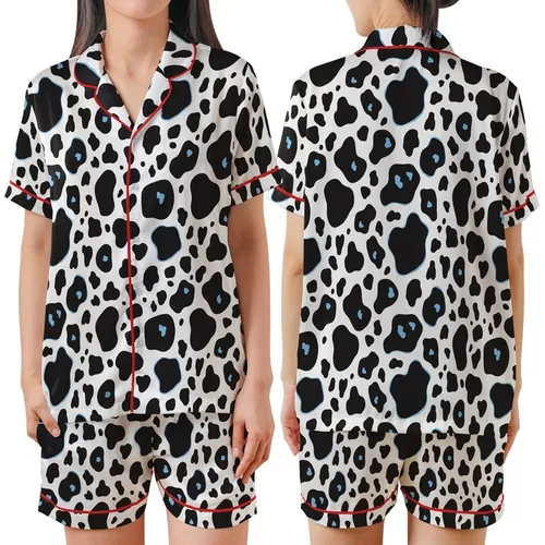 Animal Print Lovers' Bold Black White Organic Cow Pattern with Subtle Light Blue Accents Satin Short-Sleeve Pajamas Set
