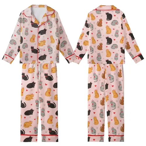 Cat Lovers' Charming Light Pink Feline Pattern Diverse Cats Red Hearts & Taupe Paw Prints Kid Satin Pajamas Set