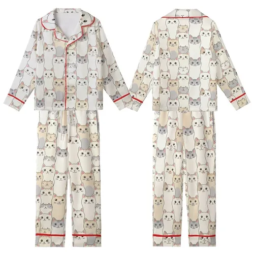 Cat Lovers' Playful Hand-Drawn Cartoon Cat Faces Seamless All-Over Pattern Off-White Gray Tan Pink Kid Satin Pajamas Set