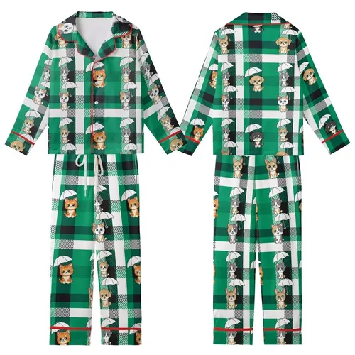 Cute Animal Lovers' Vibrant Green Black Plaid Chibi Cats Dogs Rabbits Umbrella Design Kid Satin Pajamas Set