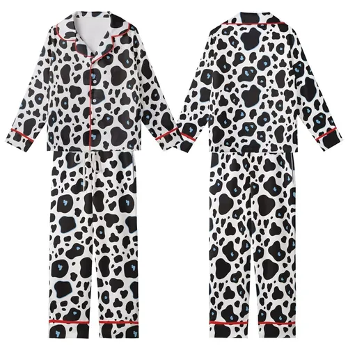 Animal Print Lovers' Bold Black White Organic Cow Pattern with Subtle Light Blue Accents Kid Satin Pajamas Set