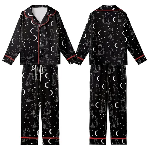 Cat Lovers' Minimalist Black White Outline Celestial Cat Moon Star Pattern Kid Satin Pajamas Set
